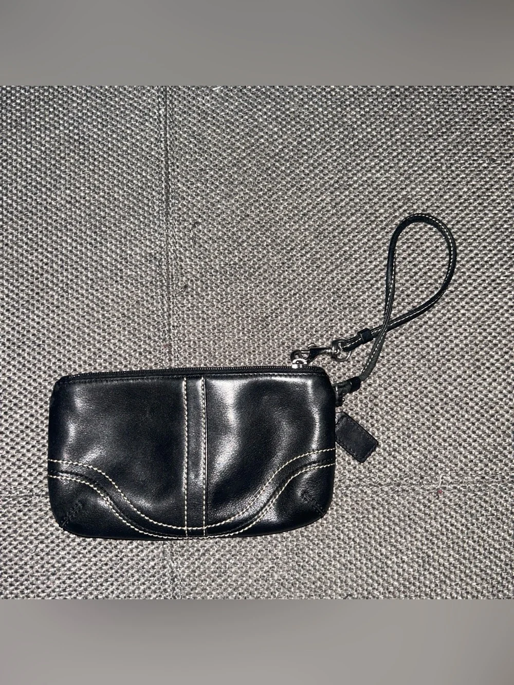 Coach Black Leather Wristlet Strap Bag with Contrast Stitching
